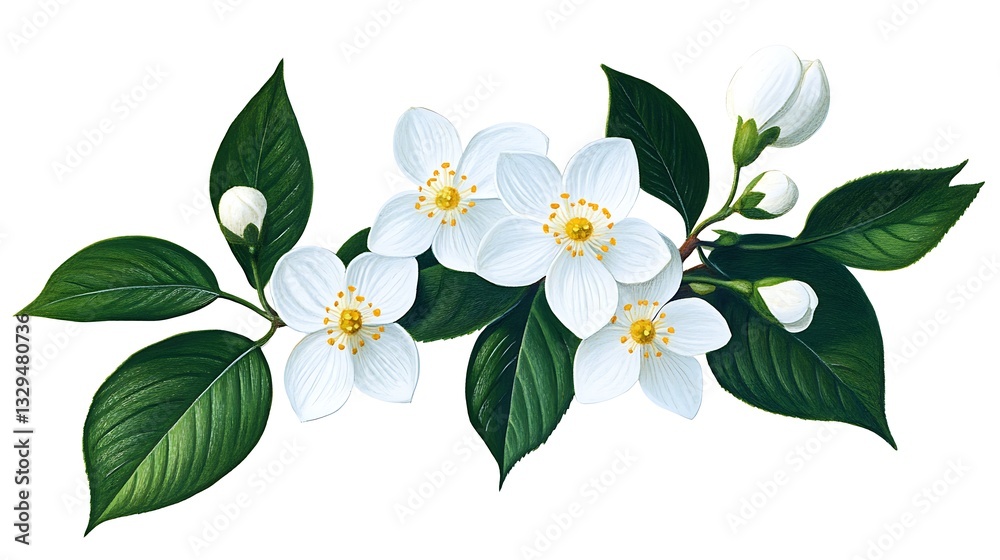 Fototapeta premium Vibrant Digital Painting of Blossoming White Flowers on Green Branches AI Generated