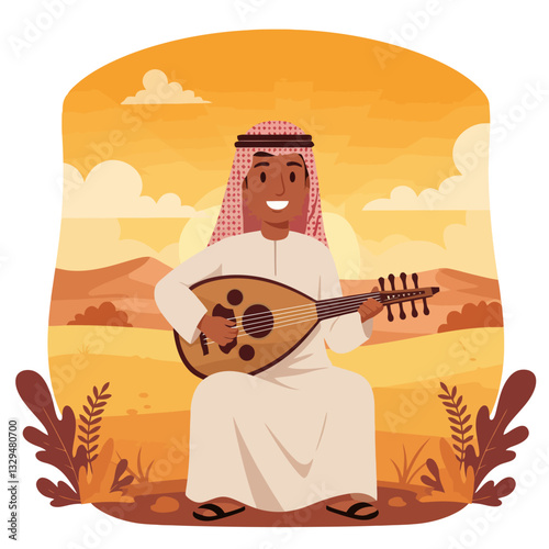 Man Playing Oud in Desert Landscape at Sunset Illustration