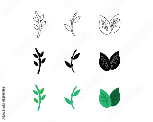 set of green leaves. Set of green leaf icons. Leaves line vector icon set. Green color leaf. Leaves on white background. Ecology. Vector illustration.