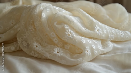 Creamy eyelet fabric draped on white, soft light