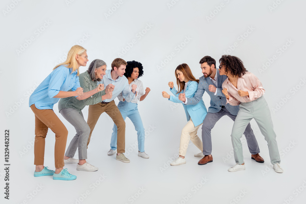 Fototapeta premium Group of professionals in a dynamic pose showcasing teamwork and collaboration against a grey background