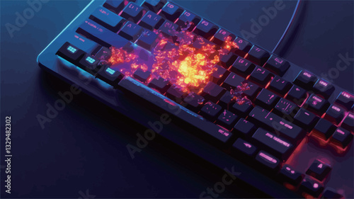 High-angle close-up shot of a mechanical keyboard with RGB backlighting. The keys are illuminated with vibrant purple, blue, and orange hues.  The keyboard is positioned on a dark surface. The