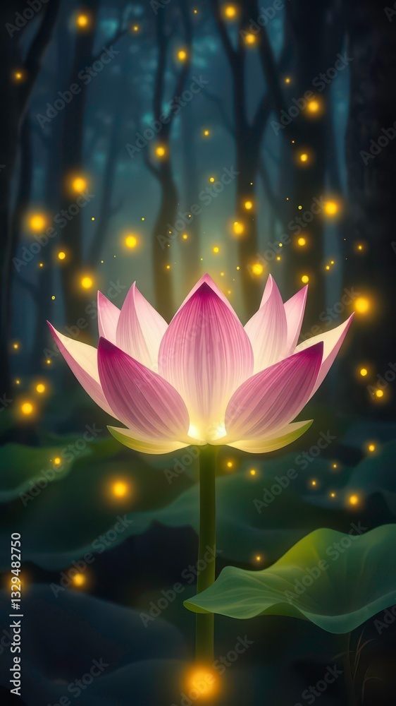 Fototapeta premium Magical Lotus Flower with Fireflies Dancing Around It in a Mystical Forest