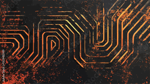 The image showcases an abstract geometric pattern composed of intersecting, concentric lines.  The lines are a warm, orange-gold hue, creating a sense of depth and movement.  The pattern is