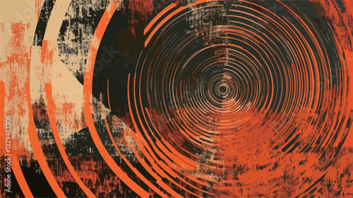 The image is an abstract composition featuring a central vortex of concentric circles. The circles are primarily rendered in shades of orange and black, with a textured, grunge-like effect.  The