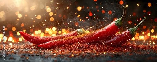 Vibrant Chili Powder Sprinkling with Fiery Sparks and Glowing Illumination