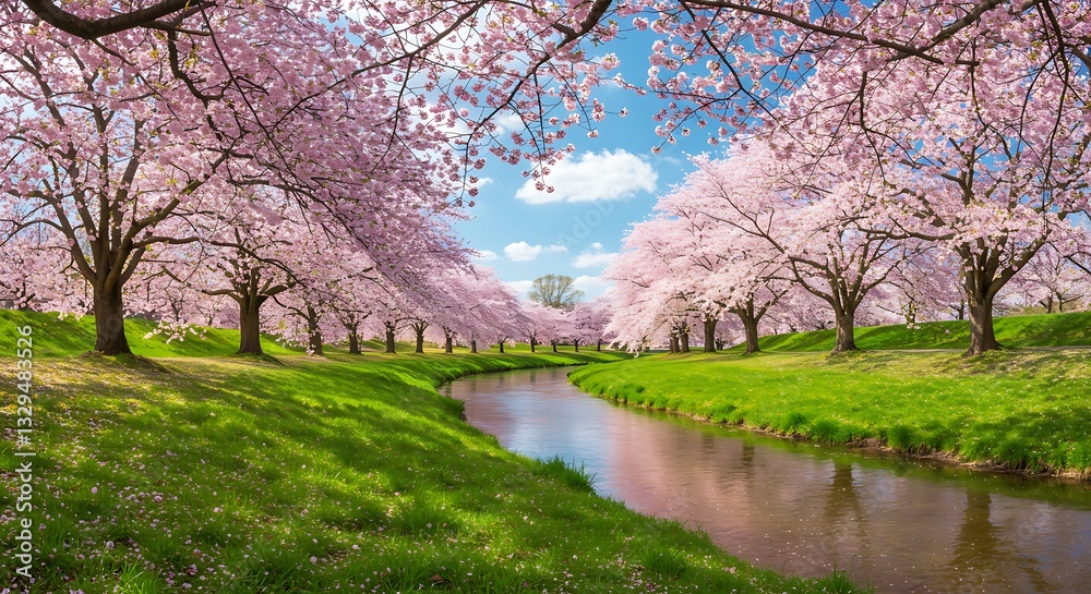 Riverbank Adorned with Cherry Blossoms in Full Bloom Riverbank Adorned with Cherry Blossoms in Full Bloom