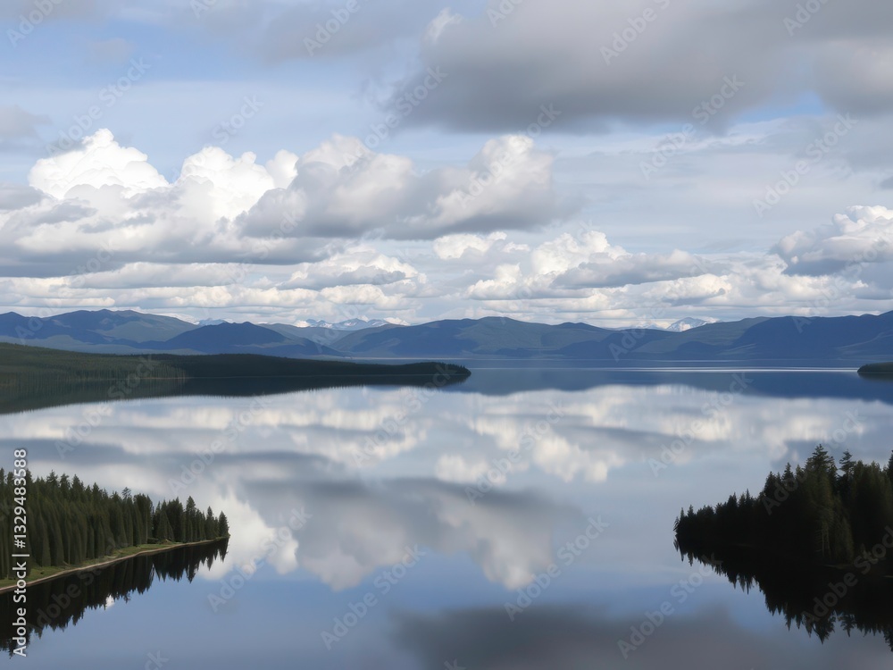 Fototapeta premium Clouds Reflecting on a Calm Lake Surrounded by Forest and Mountains in the Distance