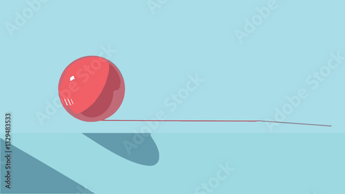 The image depicts a single, red sphere resting on a light blue surface. The sphere casts a distinct shadow onto the surface. The background is a solid light blue, providing a minimalist and clean