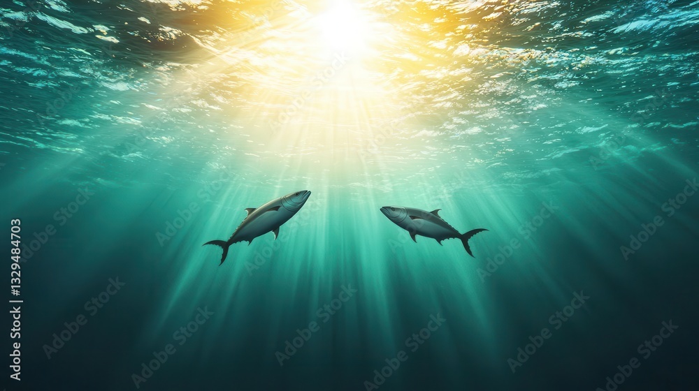 Obraz premium Tuna and mackerel swimming in a fastmoving current, realistic marine life, green screen