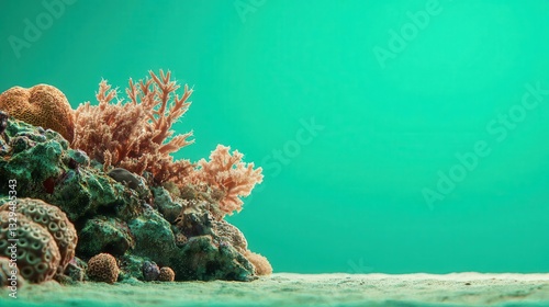 Underwater coral cliff covered with sponges, barnacles, and hard corals, green screen backdrop photo