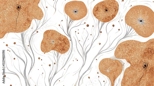 The image presents an abstract composition featuring stylized floral motifs.  The flowers are depicted in varying shades of warm orange and brown, with a slightly textured appearance suggesting