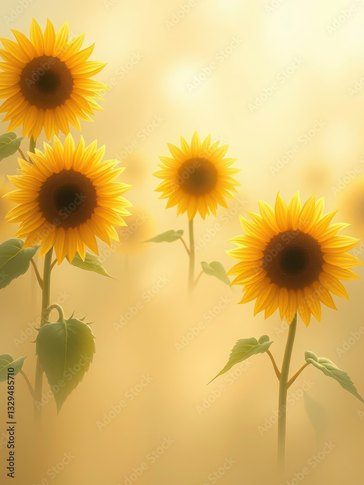 Obraz premium Soft and Dreamy Sunflowers in a Misty Field Painted in an Impressionist Style with Hazy Light