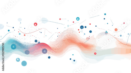 The image is a horizontal abstract composition featuring a white background overlaid with a network of thin, light grey lines connecting small dots and circles.  The dots and circles are primarily