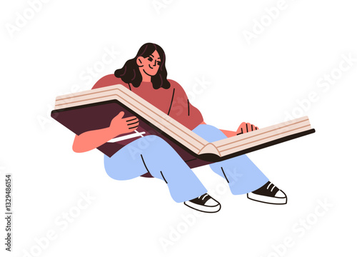 Happy girl sits, holds open paper book. Young woman reads novels, fiction stories. Concept of magic literature. Tiny people with big storybook. Flat isolated vector illustration on white background