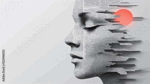 A grayscale digital illustration depicting a profile view of a stylized human face. The face appears sculpted or three-dimensional, with a texture reminiscent of stone or plaster.  A section of the
