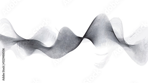 The image depicts an abstract grayscale waveform.  The waveform consists of a series of flowing, undulating curves in varying shades of gray against a white background. The curves are translucent,