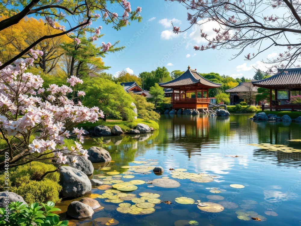 A Japanese Garden with Tranquil Waters and Harmonious Natural Elements A Japanese Garden with Tranquil Waters and Harmonious Natural Elements