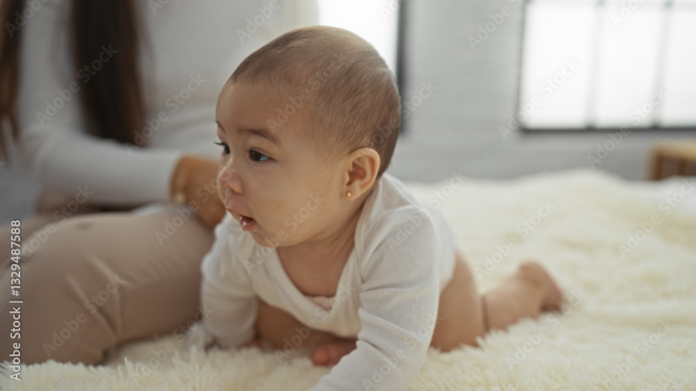 Baby girl crawling on bed with woman nearby in cozy bedroom setting demonstrating family love and care in a warm home environment. Baby girl crawling on bed with woman nearby in cozy bedroom setting demonstrating family love and care in a warm home environment.
