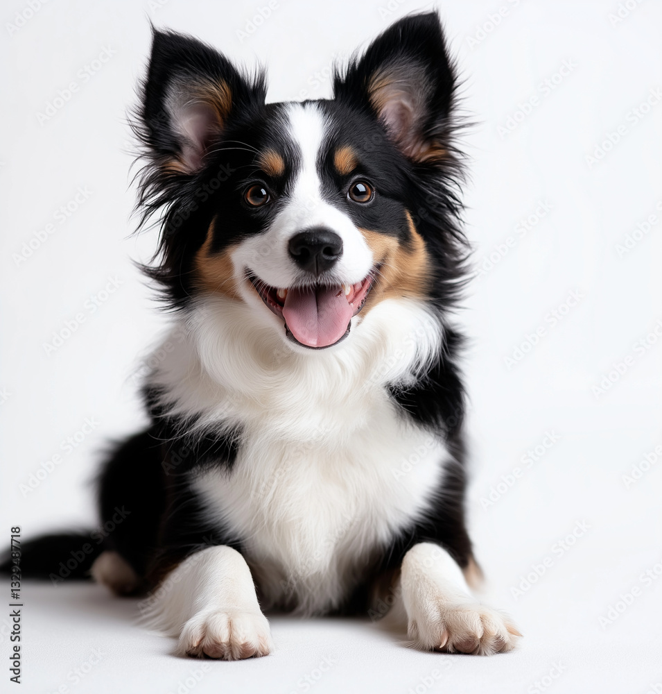 happy border collie sitting and looking at camera with joyful expression. dog has fluffy coat with black, white, and tan colors, showcasing its playful personality happy border collie sitting and looking at camera with joyful expression. dog has fluffy coat with black, white, and tan colors, showcasing its playful personality