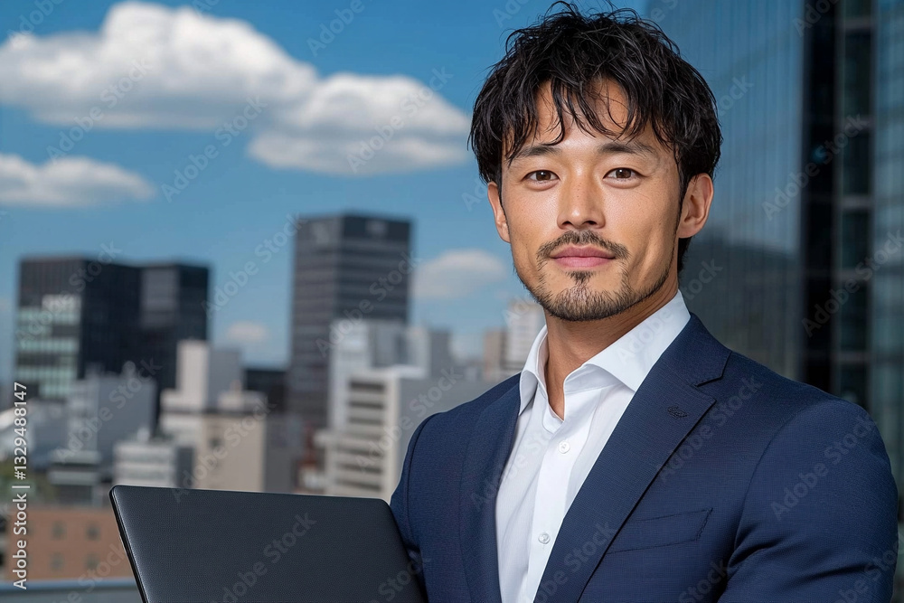 japanese businessman holding laptop, standing under blue sky with clouds in front of office buildings. high angle view