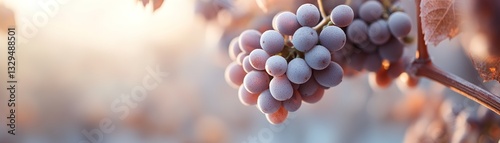 Wallpaper Mural Deep purple and green grapes hang from a vine, illuminated by warm, golden-hour light. The blurred background features earthy tones, enhancing the luxurious scene suitable for wineries Torontodigital.ca