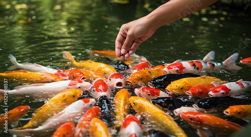 Feeding Frenzy of Colorful Koi Fish in Tranquil Pond