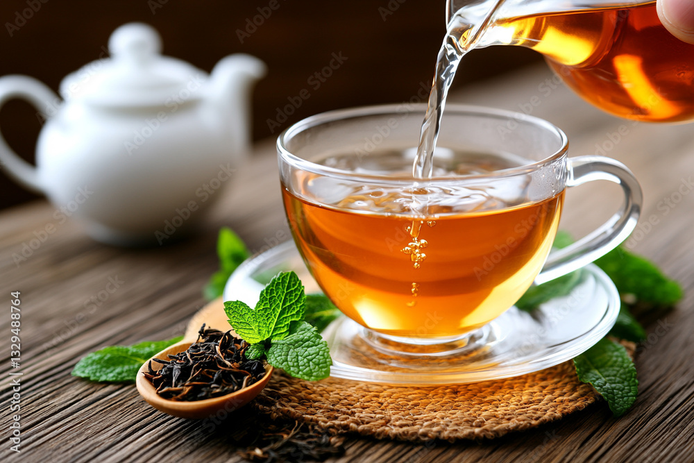 in the photo, there is an open glass cup filled with tea and some loose black tea leaves on a wooden table in the photo, there is an open glass cup filled with tea and some loose black tea leaves on a wooden table