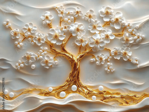 a golden tree with white flowers against a patterned wall.
