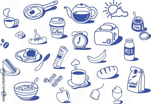 Hand-drawn vector breakfast set. Hand-drawn morning things.
