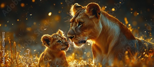 Lioness and cub in golden light.