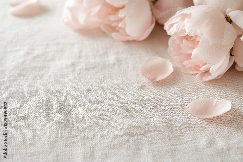 Blush pink peonies with curling petals are artfully scattered on soft linen fabric. The gently blurred background enhances the romantic feel, ideal for elegant stationery and floral branding Blush pink peonies with curling petals are artfully scattered on soft linen fabric. The gently blurred background enhances the romantic feel, ideal for elegant stationery and floral branding