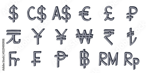 Hand drawn currency symbol set Dollar euro pound ruble yuan yen won rupee lira franc peseta baht ringgit rupiah
