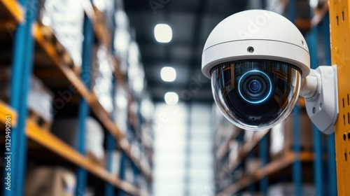 A security camera is positioned in a warehouse, monitoring the surroundings with shelves of goods in the background.