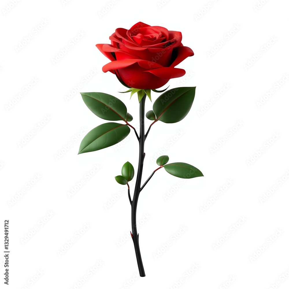 Fototapeta premium an image of a single red rose with green leaves on a stem, there is a single red rose with green leaves on a stem