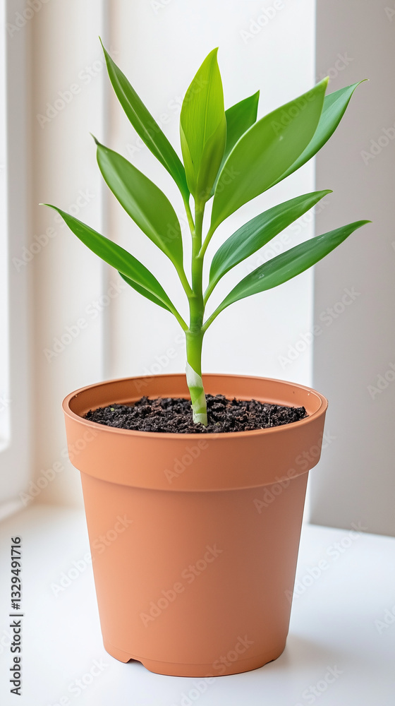 Obraz premium Young plant in a terracotta pot on a windowsill