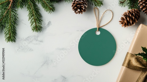 A festive arrangement featuring a green tag, pinecones, and evergreen branches on a marble surface, suggesting a holiday theme.
