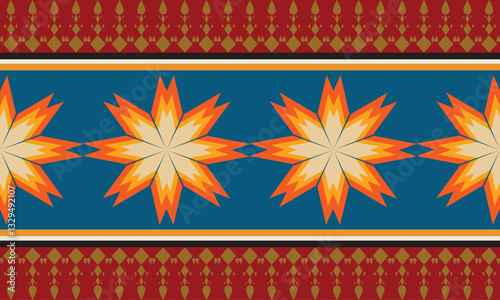 The red border carpet pattern has a pattern arranged in a row and in the middle of the blue there are beautiful flowers arranged in an orderly manner. Fabric patterns, vectors, backgrounds