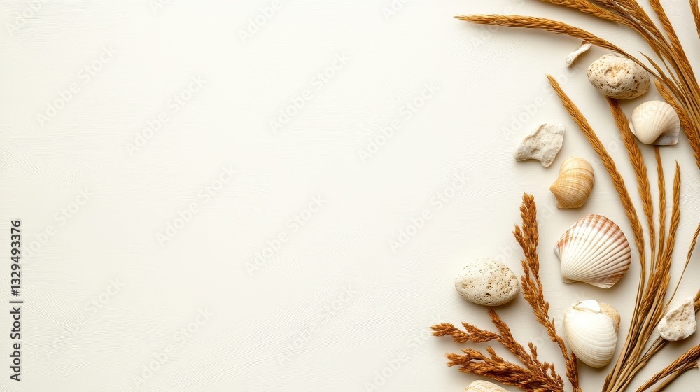 Obraz premium Seashells and Dried Wheat on Off White Textured Background