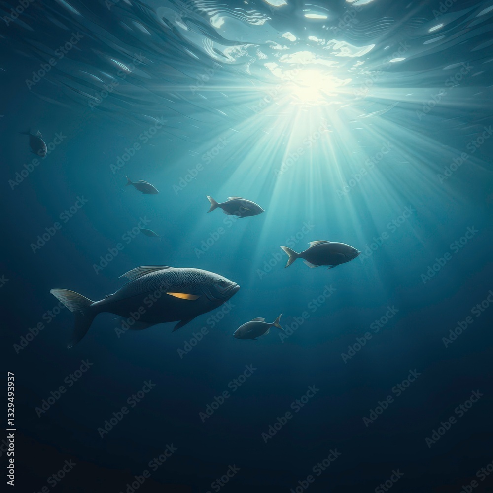 Obraz premium Calm Deep Sea Waters with Majestic Fish and Shimmering Light Rays