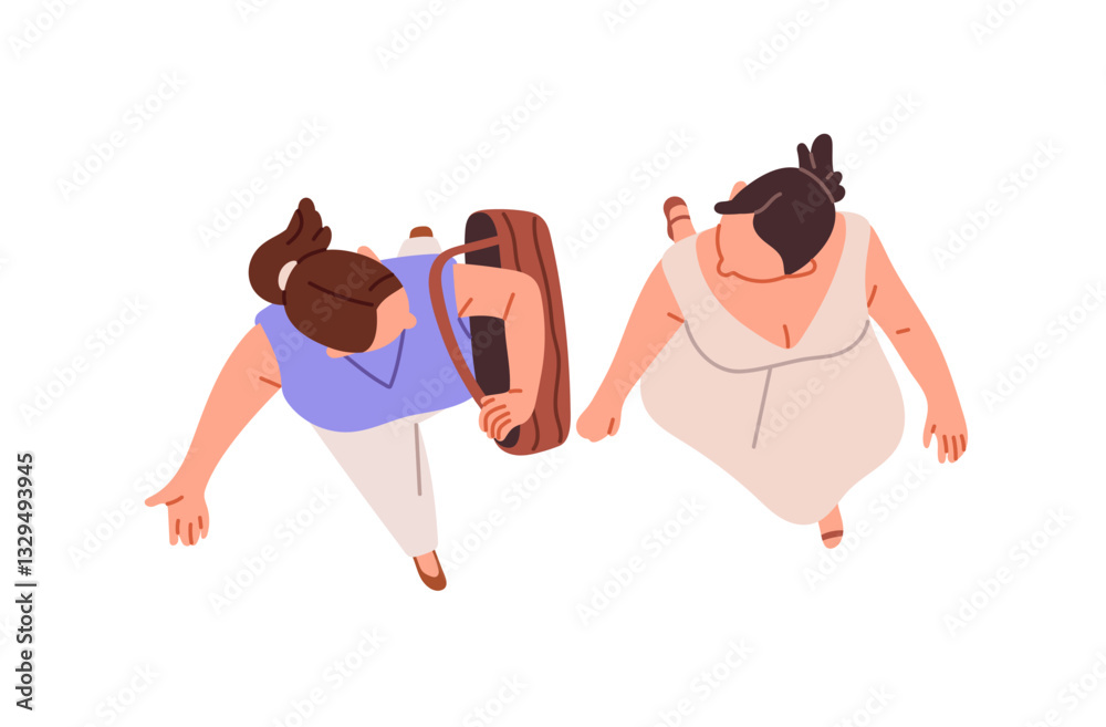 Fototapeta premium People walk, communicate on the go top view. Two happy women strolling together above head. Girl carries tote bag, talks to friend outdoors. Flat isolated vector illustration on white background