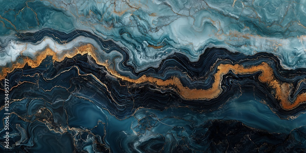 Fototapeta premium Abstract Azure & Gold: A mesmerizing abstract composition, evoking the fluidity of nature. Swirls of deep blue and turquoise intertwine with veins of gold, creating an elegant and luxurious feel.