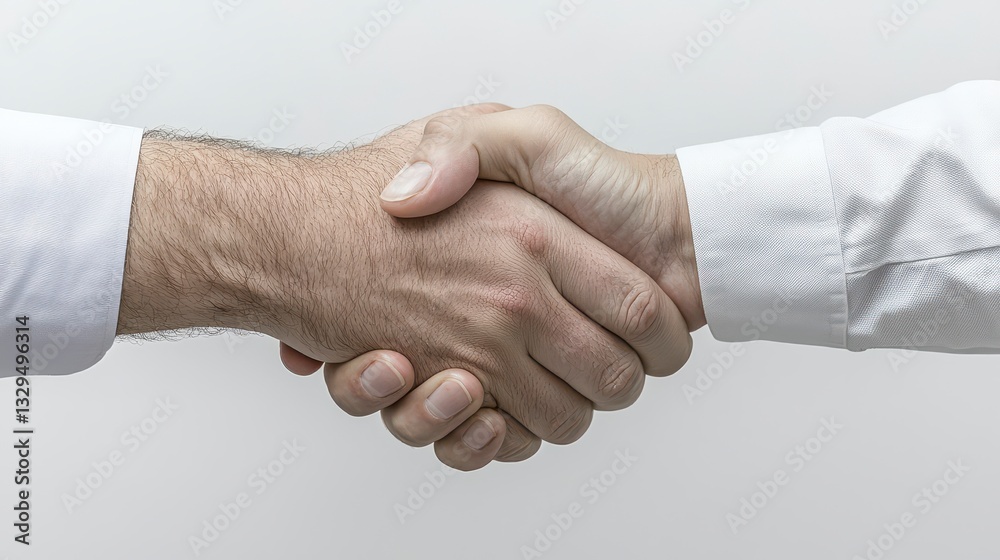 Close up Handshake Two Men in White Shirts Shake Hands Against a Plain White Background Close up Handshake Two Men in White Shirts Shake Hands Against a Plain White Background