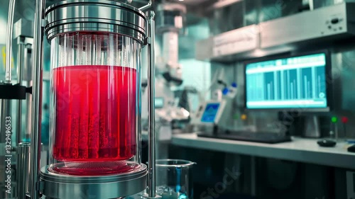 A bioreactor stimulating a vibrant red culture in a state-of-the-art laboratory. The bioreactor features a sleek, transparent chamber with visible red liquid. Bioreactor undergoes cultivation	