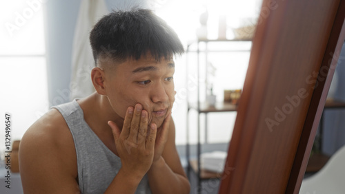 Photography Young man examining his face in the mirror in a serene spa room, reflecting well