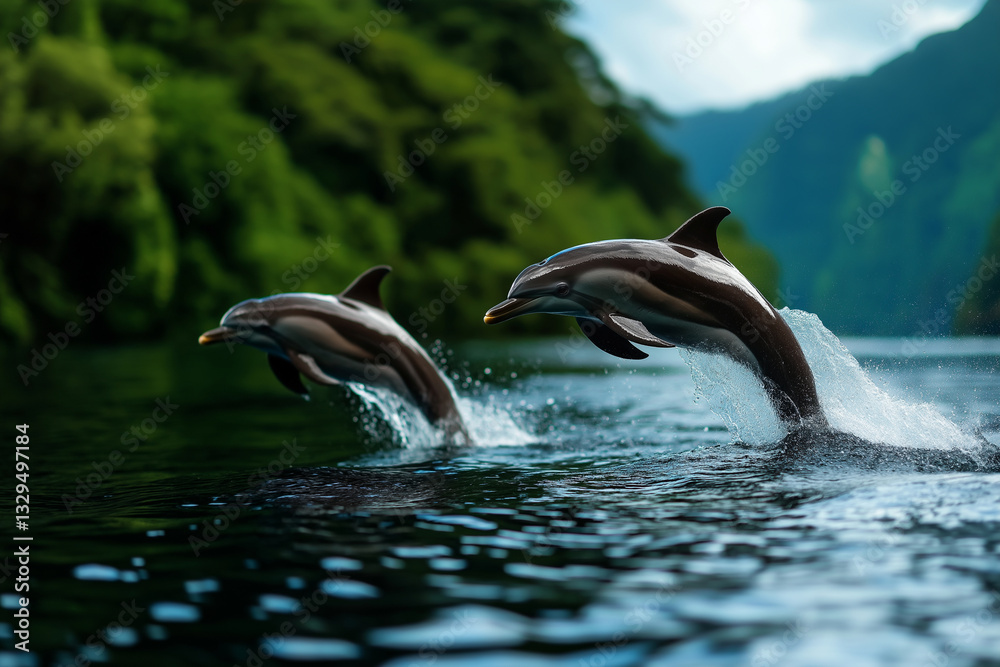 Fototapeta premium Dolphins leaping out of water near lush greenery in Hawaii, showcasing their playful nature and agility. serene moment captured in beautiful natural setting