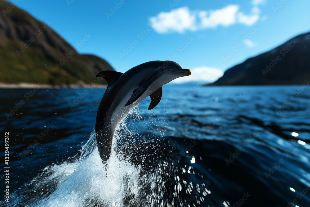 Fototapeta premium Dolphin leaping out of water, creating splash against scenic backdrop. vibrant blue ocean contrasts with mountains, showcasing beauty of nature