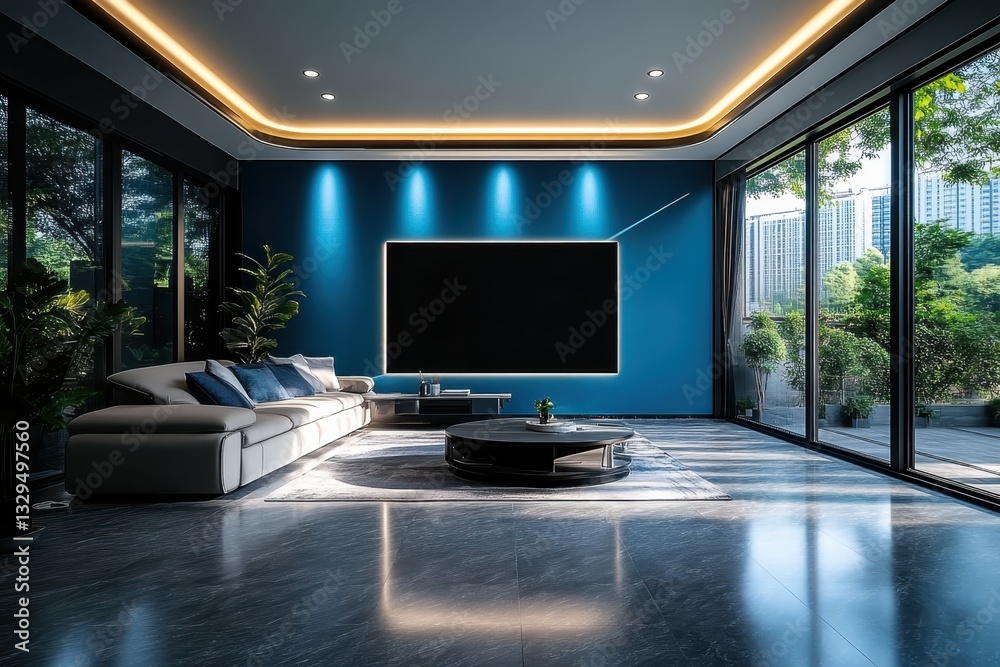 Fototapeta premium modern apartment interior with an empty living room, a blank blue wall, creating a stylish and inviting interior background