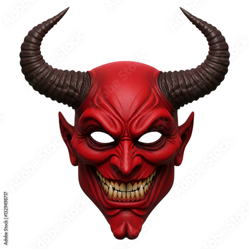 Intense Red Devil Mask with Menacing Horns and Grinning Teeth on Transparent Background