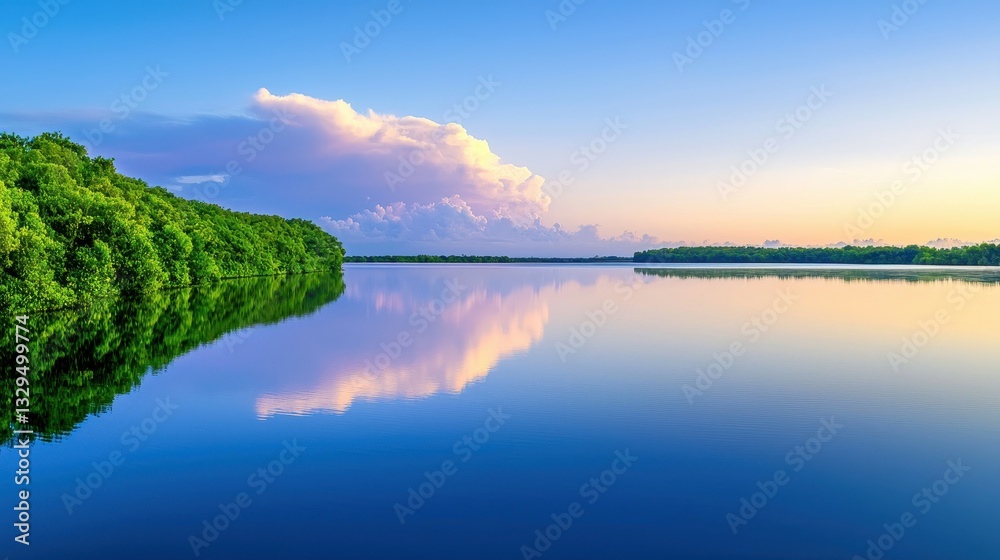 Fototapeta premium Tranquil lake reflects trees clouds and morning sky colors